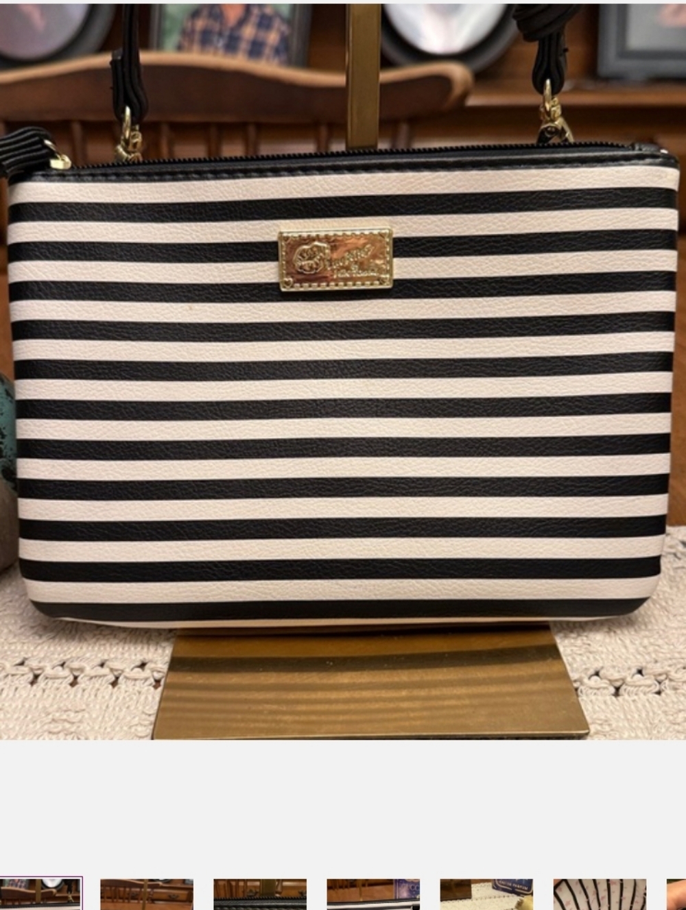 Betsey Johnson Black & White Striped Crossbody with Gold Plate